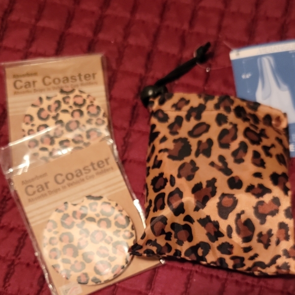 Other - NWT Bundle of Leopard Print Car Coasters and Reusable Packable Tote